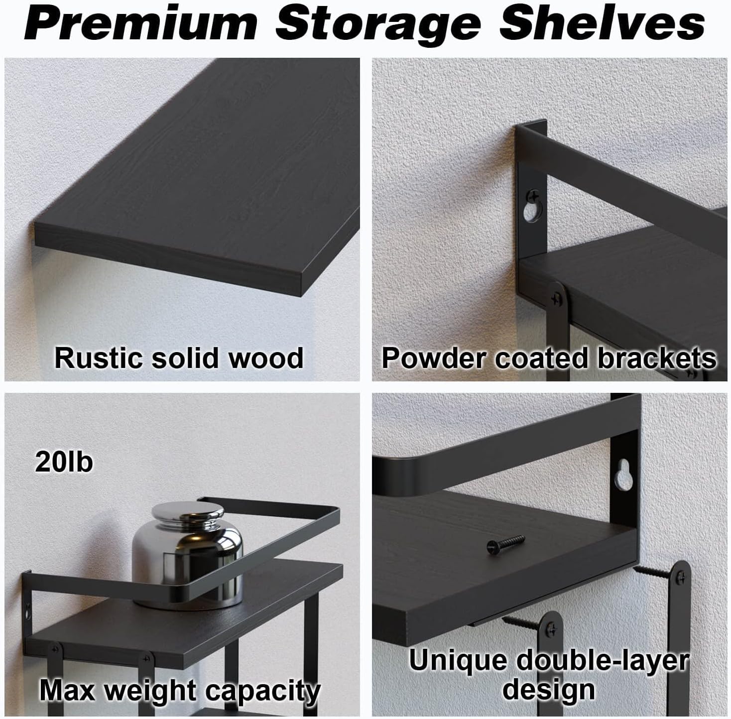 RICHER HOUSE 2+1 Tier Wall Mounted Floating Shelves Set of 2, Rustic Wood Wall Shelf with Metal Frame, Extra Storage Rack for Bathroom, Kitchen, Bedroom with Tissue Rack & Towel Bar - Black