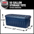 Rubbermaid Roughneck Tote 50 Gal, 2 Pack, Made in USA, Dark Indigo Metallic, Rugged Plastic Stackable Storage Bins with Lids and Handles