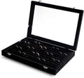 Frebeauty Rings/Earrings Organizer Tray with Clear Lid 10 Slots Velvet Drawer Insert Jewelry Storage box with Transparent Glass lid Jewelry Display Case Showcase Gift for Girls Women (Black, 10 Slots)