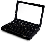 Frebeauty Rings/Earrings Organizer Tray with Clear Lid 10 Slots Velvet Drawer Insert Jewelry Storage box with Transparent Glass lid Jewelry Display Case Showcase Gift for Girls Women (Black, 10 Slots)