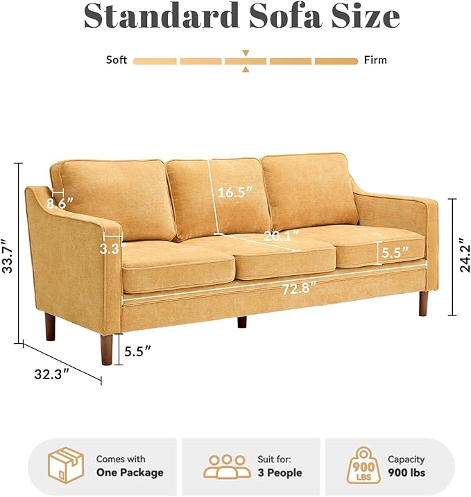 Kingfun 80" Chenille Sofa, 3 Seater Couch, Mid Century Modern Couches with Solid Wood Legs for Living Room, Yellow