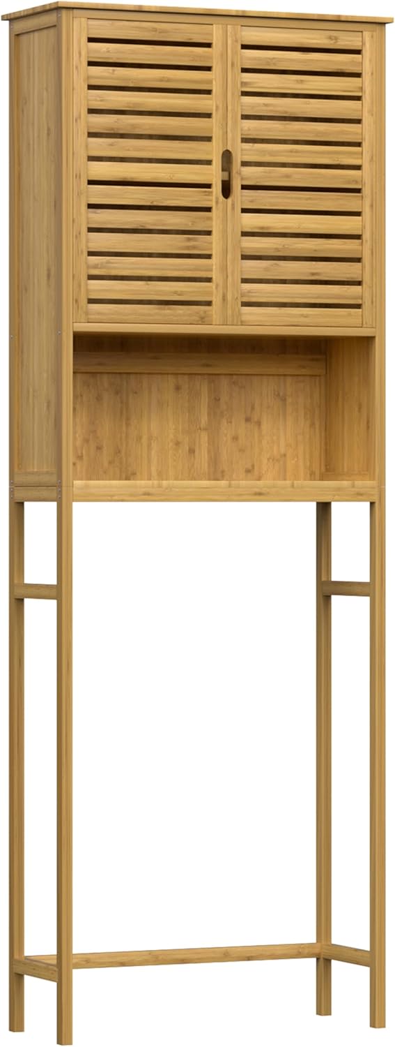 BlueWish Bamboo Over The Toilet Storage Cabinet, Over Toilet Cabinet with Anti-toppling Design, Adjustable Slats, Over-The-Toilet Storages, Bathroom Storage Cabinets for Bathroom, Laundry