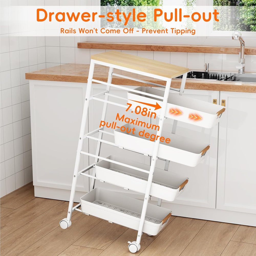 5-Tier Slim Storage Cart, Wooden Top Rolling Kitchen Cart with Pull-Out Baske...