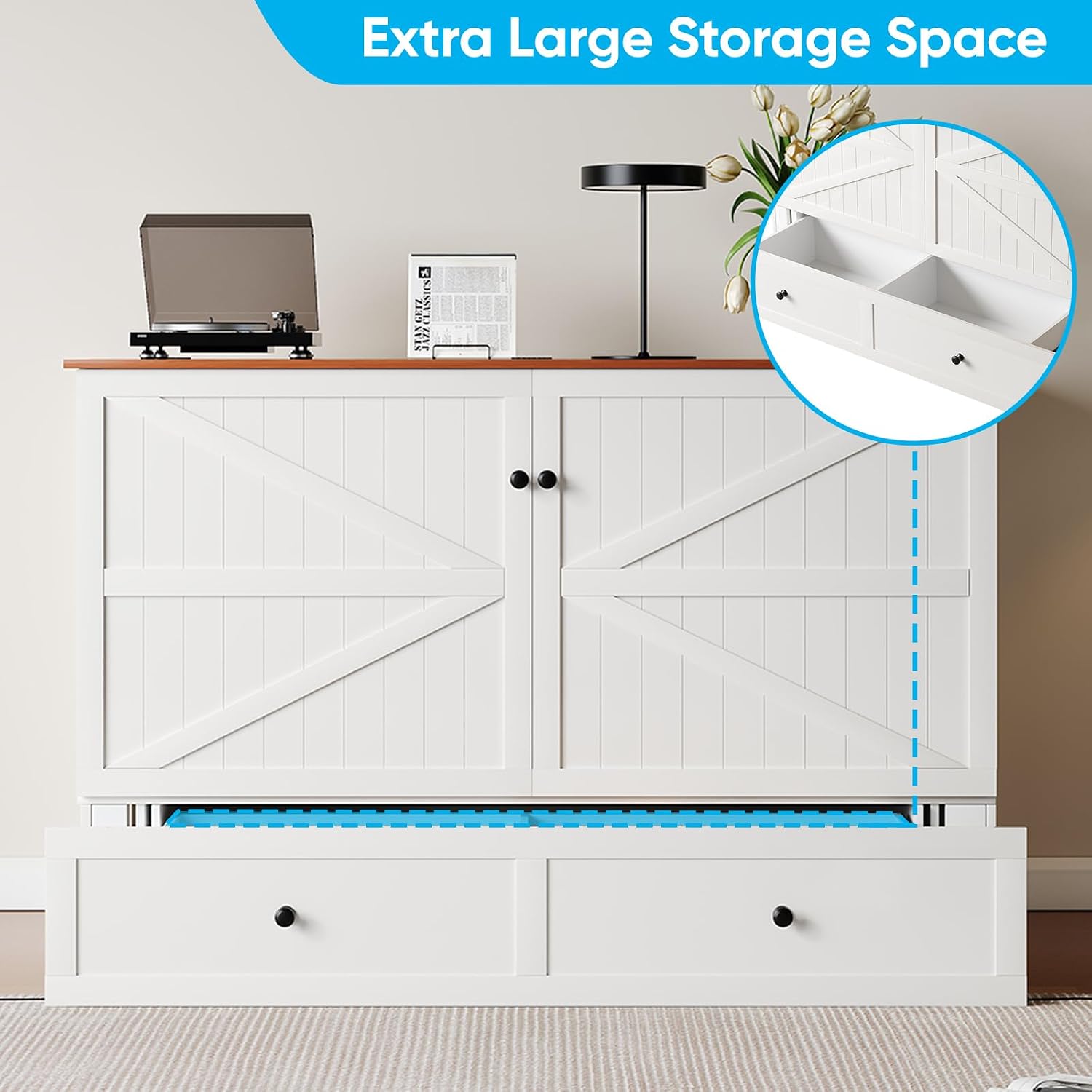 Mjkone Full Murphy Bed Cabinet with Tri-Folding Mattress, Distressed Wooden 57" W Cabinets Wall Chest Beds with Built-in Charging Station & Storage Drawer for Office Guest Bedroom Living Room, White