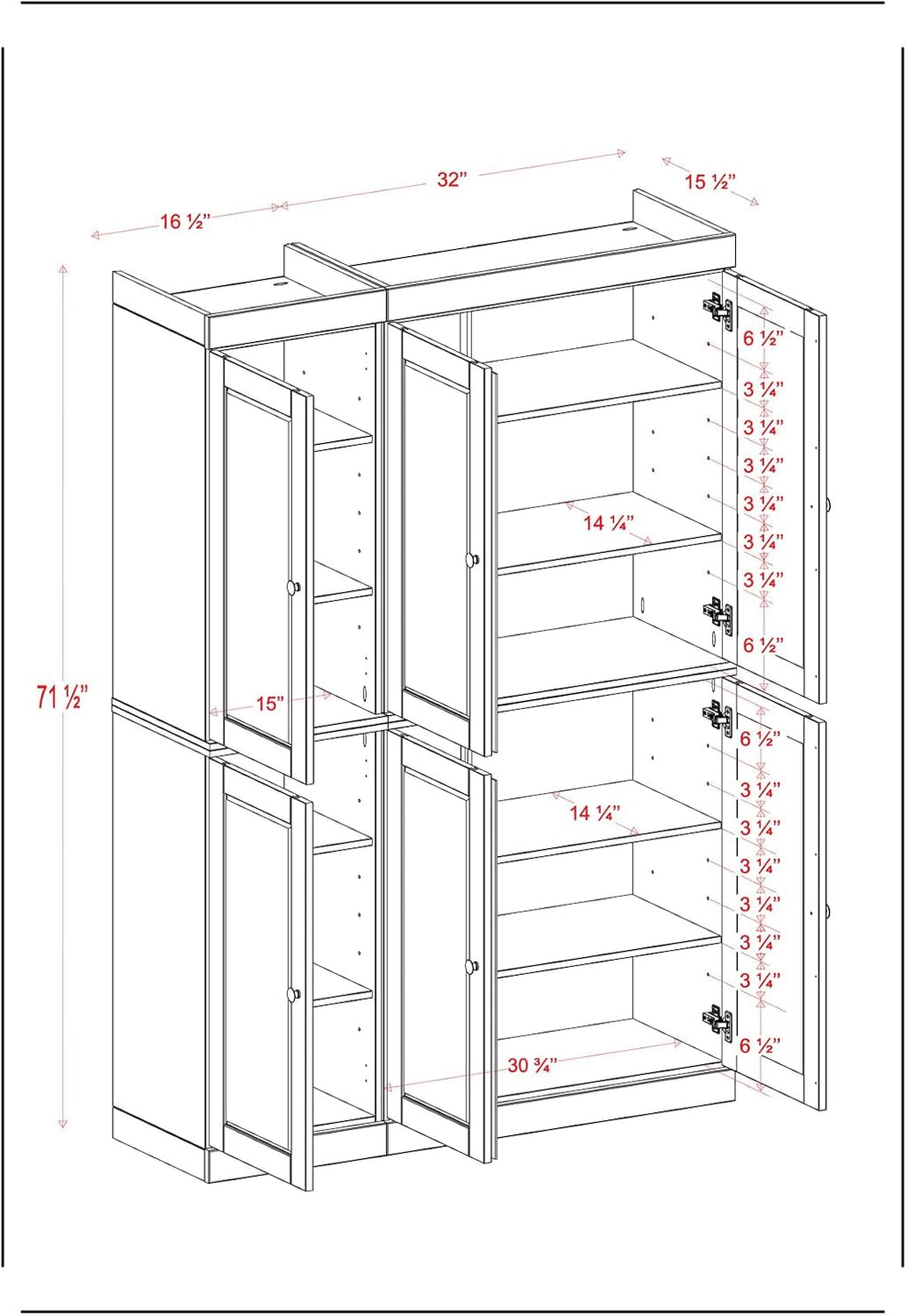 Palace Imports Solid Wood Kitchen Pantry Cabinet 71.5" Tall, 48.5" Wide – Wooden Storage Cabinet w/ 6 Shaker Doors & 8 Adjustable Shelves – Teal Blue, 100% Renewable Eco-Friendly Wood, Made in Brazil