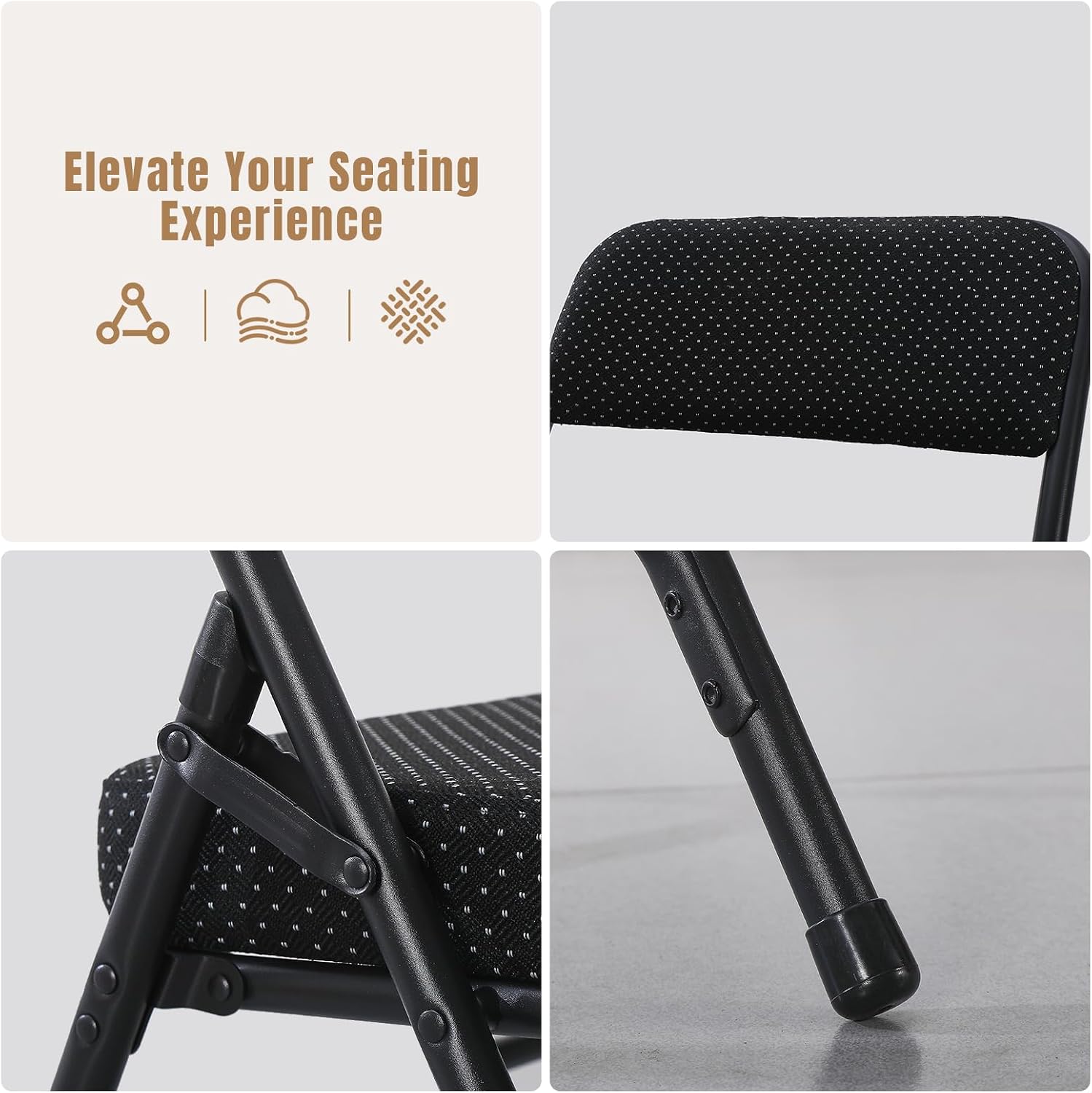 Folding Chair with Thick Cushioned Seat, Padded Metal Frame Foldable Chairs for Home Office Party Wedding Indoor Outdoor Use, Heavy Duty Comfortable Portable Dining Chairs, 1 Pack, Black