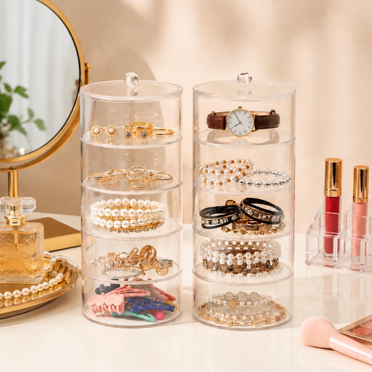 ZENFUN 5 Layers Acrylic Belt Organizer, Stackable Belt Storage Box Clear Display Case Vanity Organizer for Watch, Hair Accessories, Jewelry, Closet and Drawer, 2.6" H x 5.5" Dia