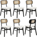 Rattan Dining Chairs Set of 6 Black Linen Fabric Dining Room Chairs Natural Wooden Kitchen Chairs Farmhouse Boho