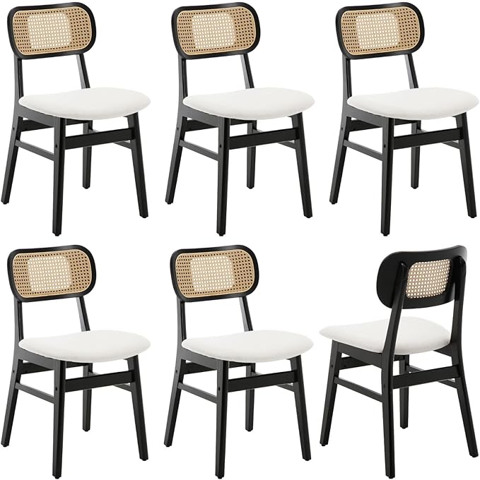 Rattan Dining Chairs Set of 6 Black Linen Fabric Dining Room Chairs Natural Wooden Kitchen Chairs Farmhouse Boho