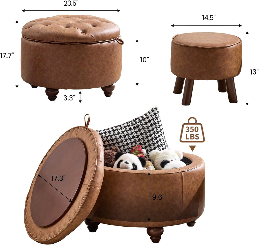 24Inch Round Storage Ottoman, Set of 2, Modern PU Leather Coffee Table with R...