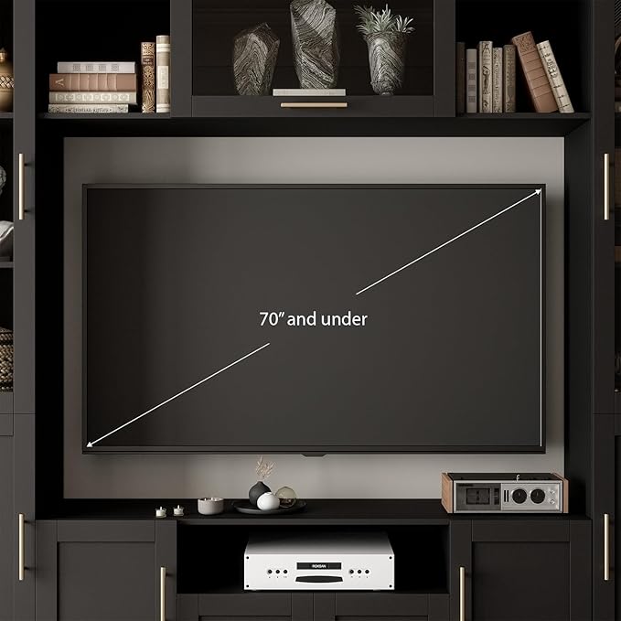 4-Piece Wall Unit TV Stand for TVs Up to 70", Modern Entertainment TV Wall Unit with LED Light, Large Wall Media Center for Living Room, Black