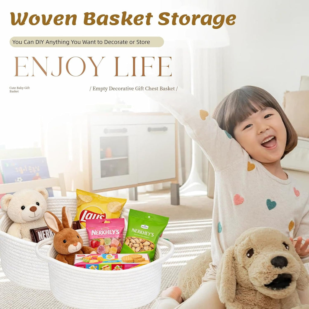 9Pcs Small Woven Basket with Gift Bags and Ribbons, White Cute Cotton Rope Empty Gift Decorative Chest Box, for Baby Nursery Room Shelf Storage, Toy Pet Organizer Basket to Fill, All 12 x 8 x 5 "
