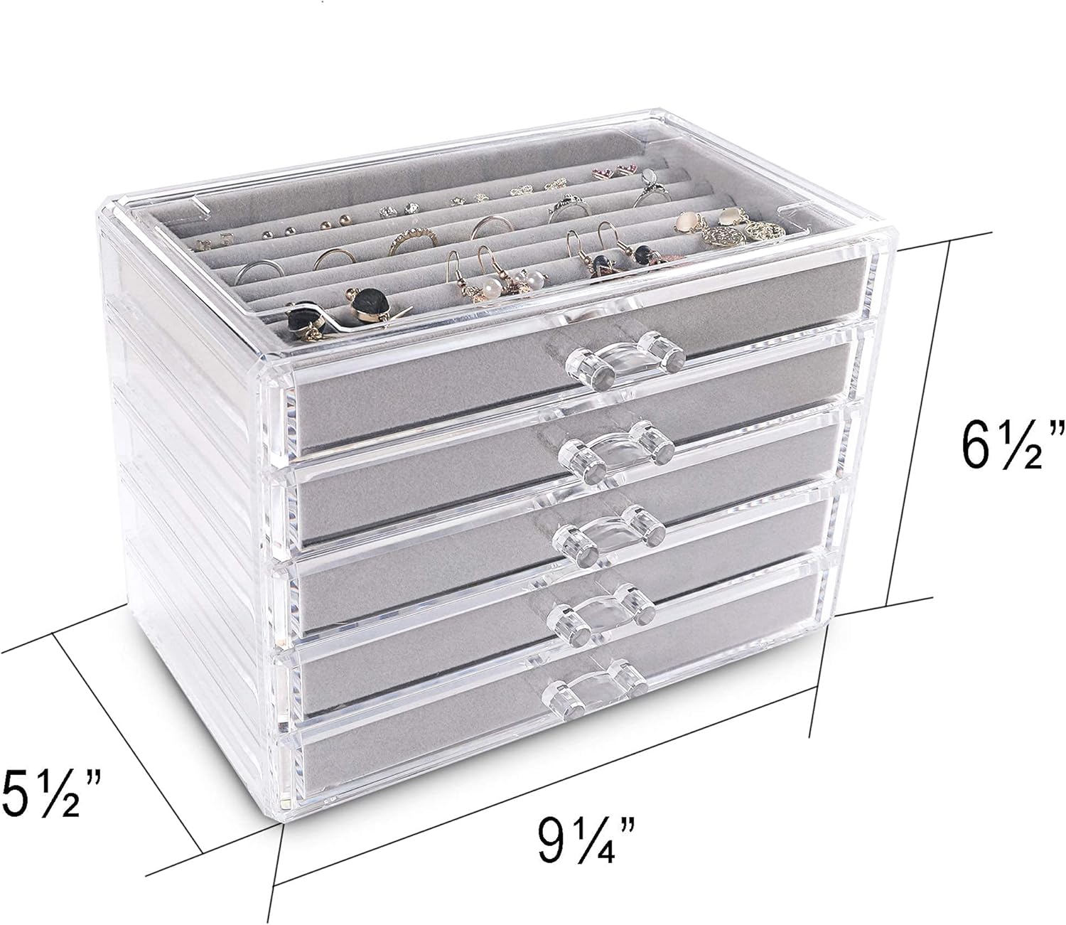 Frebeauty Extra Large Acrylic Jewelry Box for Women 5 Layers Clear Jewelry Organizer Velvet Earring Box with 5 Drawers Rings Display Case Necklaces Holder Tray for Women Girls (Grey)