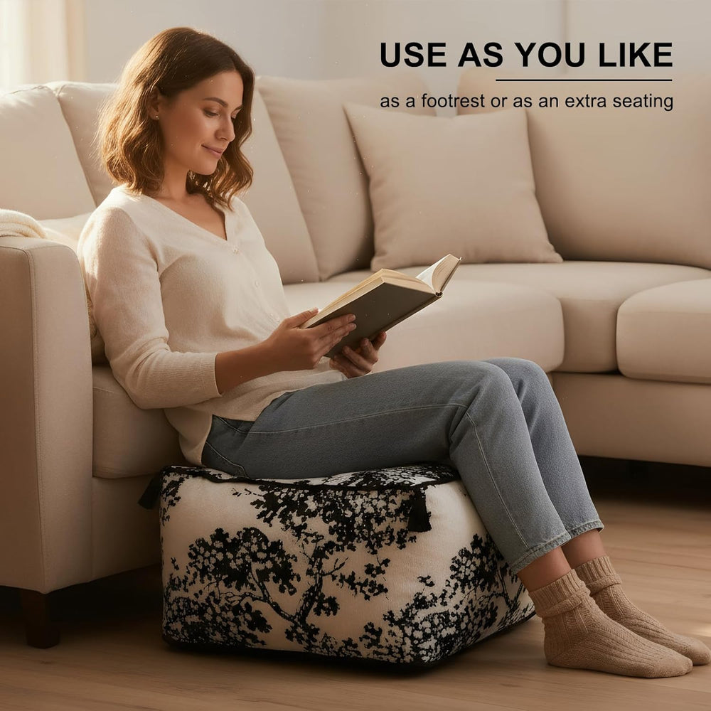 Chenille Square Pouf Ottoman - Foot Stool for Living Room & Bedroom | Sof...