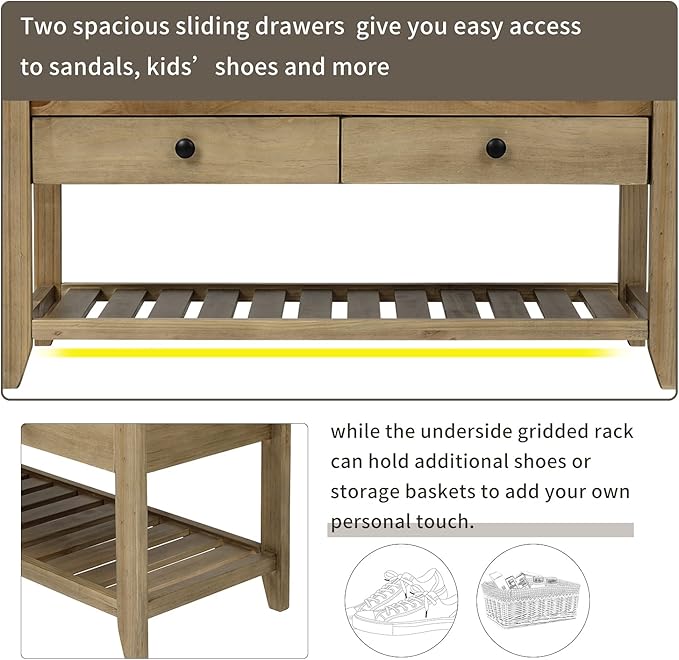 39″ Storage Bench with Cushioned Seat and Drawers,Multipurpose Wooden Entryway Ottoman,Hidden Compartment Organizing Shoe Rack,for Bedroom Hallway Porch,Gray
