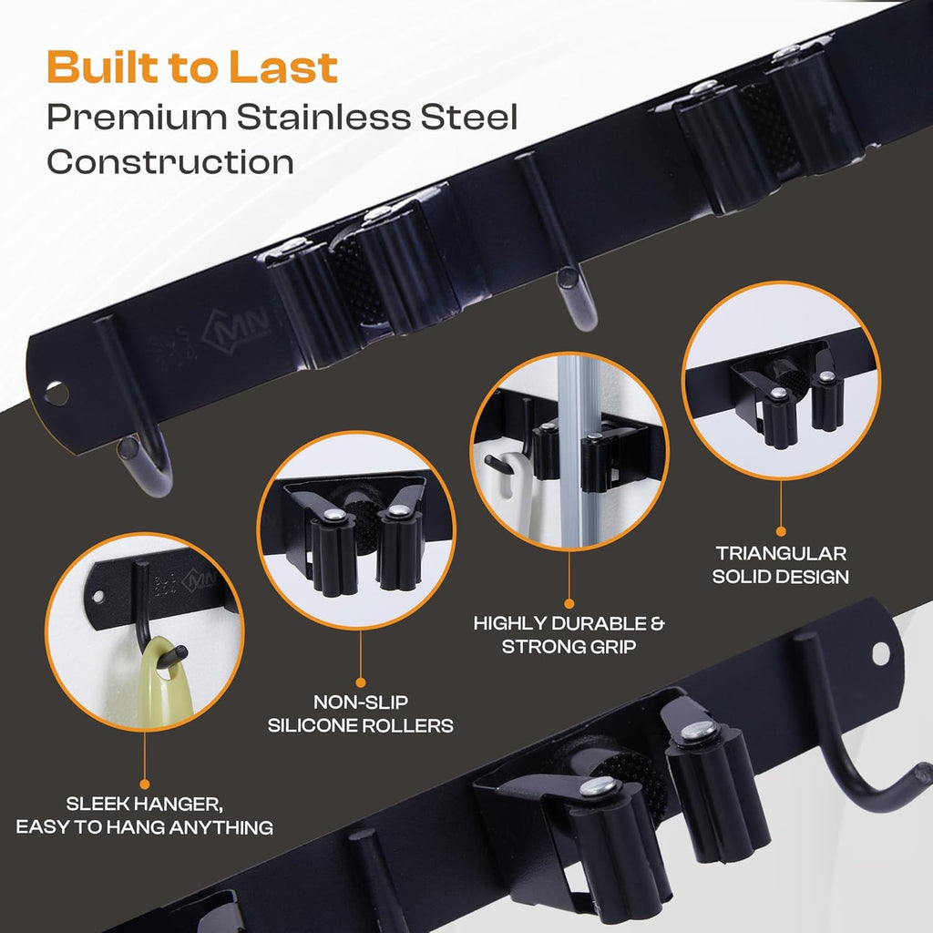 Heavy-Duty Stainless-Steel Broom Holder Wall Mount with 3 Racks and 4 Hooks | Waterproof Mop and Broom Hanger | Adjustable, Garage & Garden Tool Organizer | Black