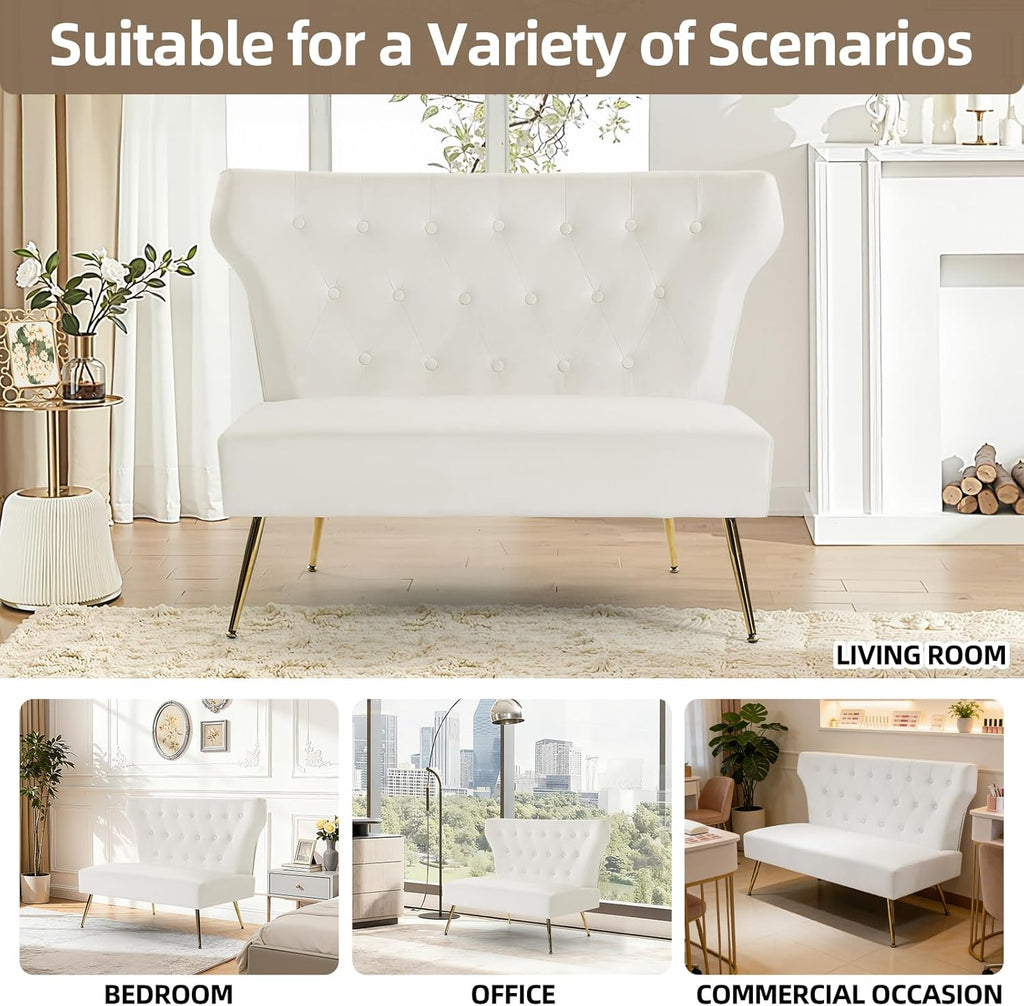 ZJhome Small White Velvet Sofa, Soft Upholstered 40’’ Armless Loveseat Couch with High Density Foam, Modern Tufted Cushion with Gold Legs for Bedroom, Dorm, Apartment, Girls, Teens, Easy Assembly