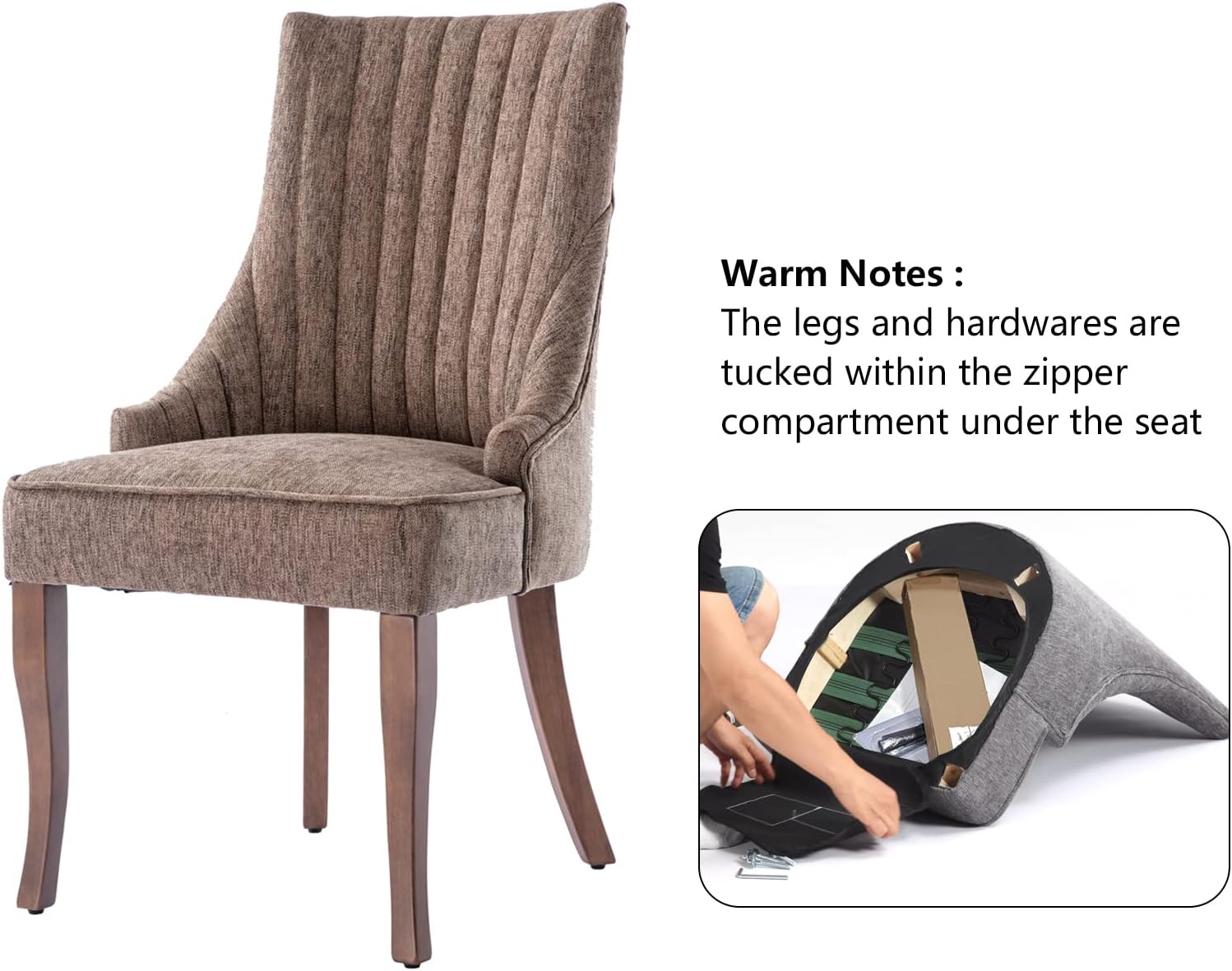 mikibama Linen Brown Dining Chairs Set of 6 Channel Tufted Kitchen Dinner Chair Comfy Fabric Upholstered Accent Chair for Dining Room with Solid Wood Legs