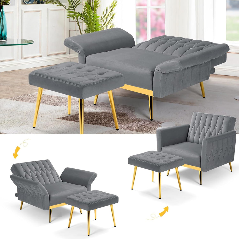 2 Pieces Velvet Sofa Set with Adjustable Armrest and Backrests, Grey