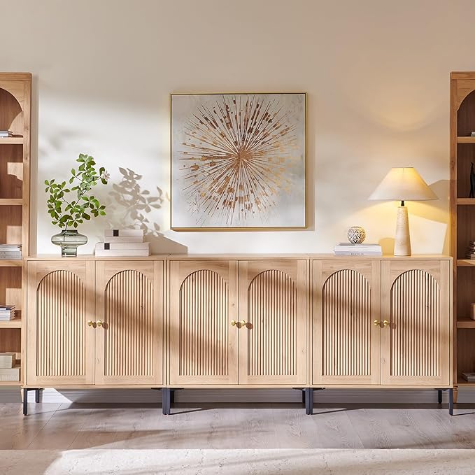 Modern TV Stands for 80 inch tvs, 92.63" W Wood Entertainment Center w/Adjustable Shelves, Mid Century Modern TV Stand w/Arched Fluted Doors, Media Console Cabinet for Living Room, Natural