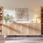 Modern TV Stands for 80 inch tvs, 92.63" W Wood Entertainment Center w/Adjustable Shelves, Mid Century Modern TV Stand w/Arched Fluted Doors, Media Console Cabinet for Living Room, Natural
