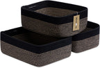 Large Shallow Organizing Baskets 15x11x5.1 Inches - Rope Woven Storage Bins for Bathroom, Shelves, Cube Closet, Black Woven Brown 3 Packs
