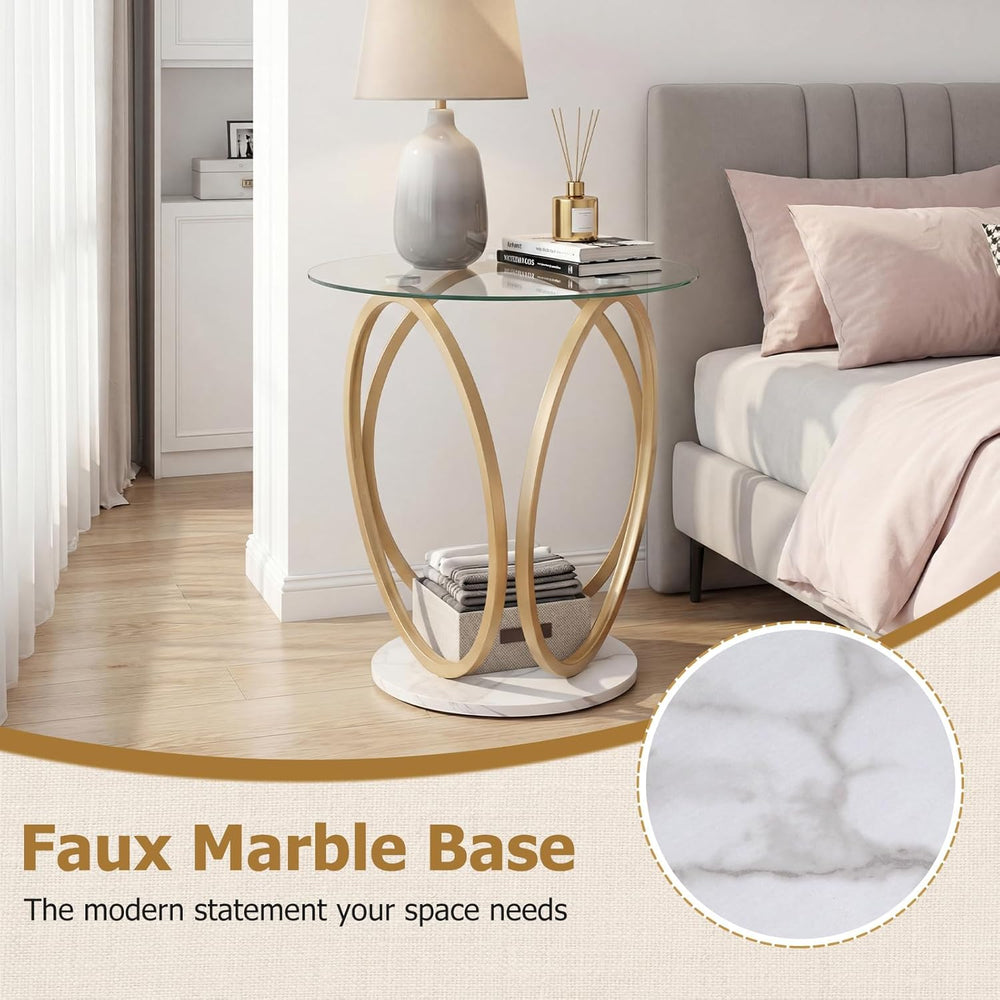 Giantex Round End Table, Faux Marble Sofa Couch Side Table with Tempered Glas...