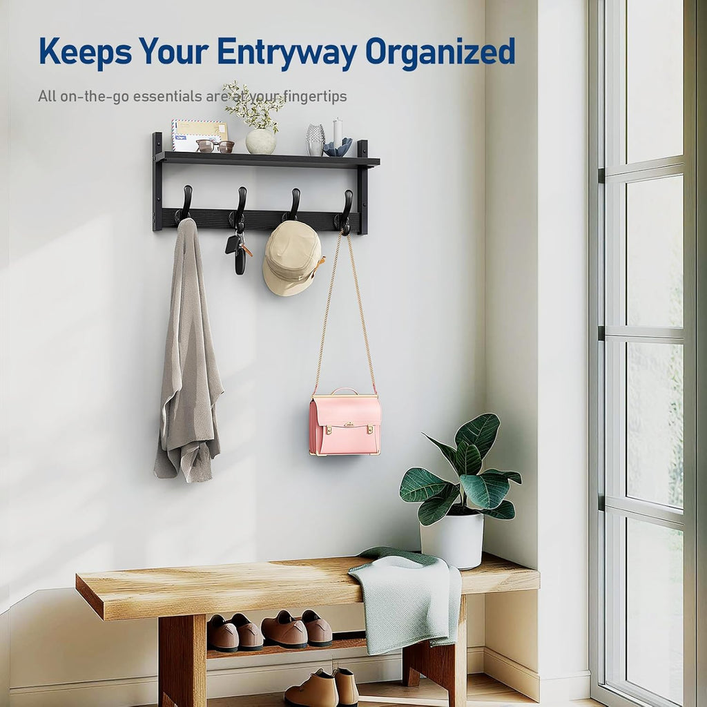 Tatub 20" Rustic Coat Rack Wall Mount with Shelf, Wall Hooks with Shelf, Heavy Duty Entryway Organizer Hangers for Hanging, Hat, Bag, Jacket for Bathroom, Living Room, Bedroom, Black