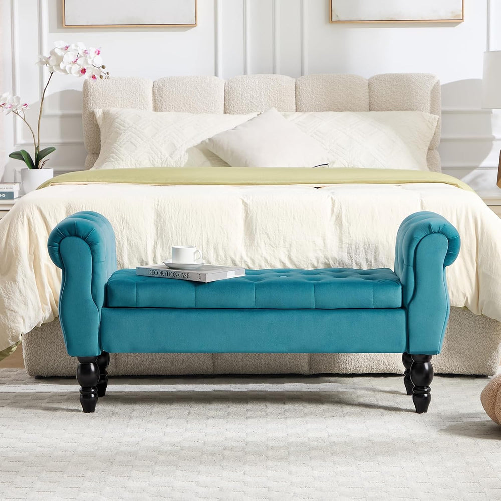 47″ Storage Bench with Arms End of Bed Bench,Velvet Entryway Bench with Stora...