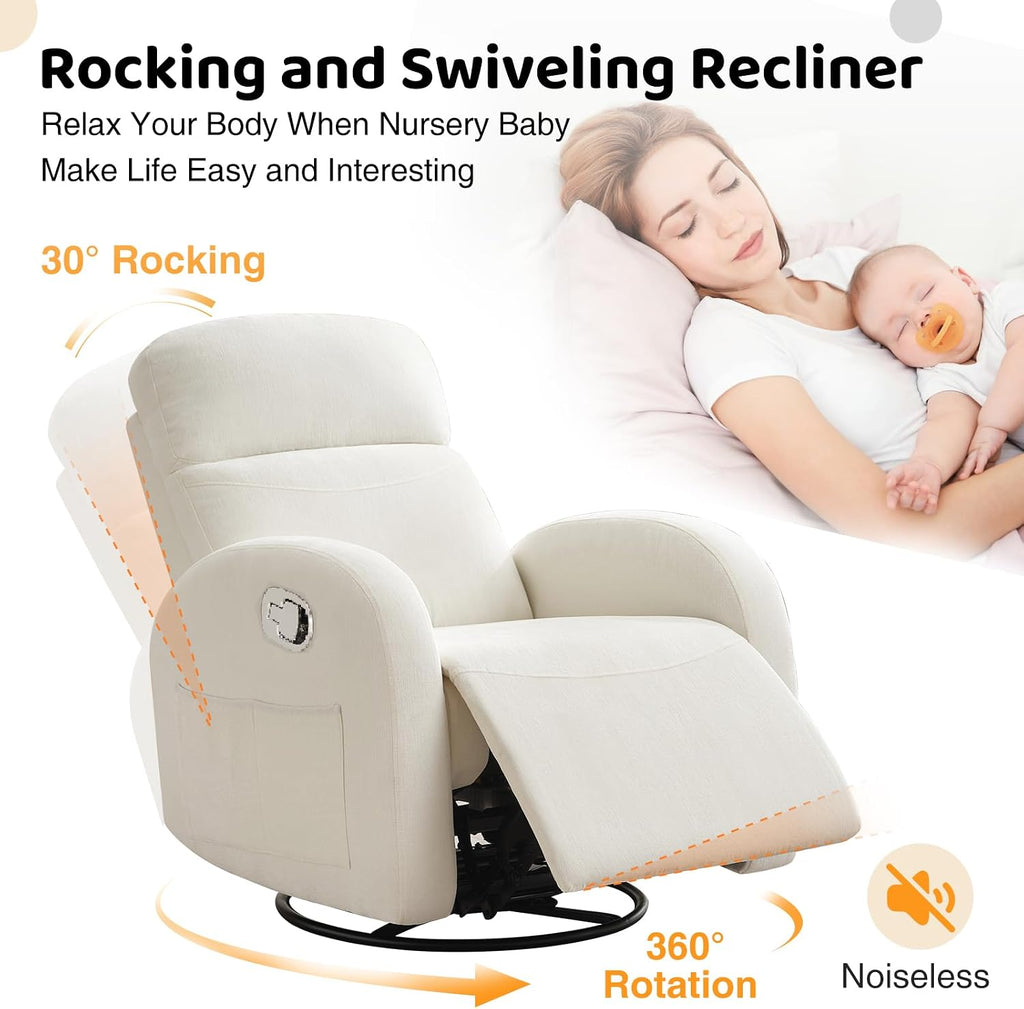 Manual Nursery Glider Recliner,Rocker Recliner Chair, Small Recliner Chair | Small Recliners for Small Spaces, 360° Swivel, 30° Rocker, Lumbar Support,2 Pockets, Chenille Cream White