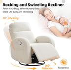 Manual Nursery Glider Recliner,Rocker Recliner Chair, Small Recliner Chair | Small Recliners for Small Spaces, 360° Swivel, 30° Rocker, Lumbar Support,2 Pockets, Chenille Cream White
