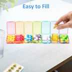 Fullicon Small Pill Case for Purse, Travel Medicine Pill Organizer, Weekly 7 Day Daily Pill Box, Pocket Pharmacy Pill Container Dispenser Holder with Labels (Clear Rainbow)