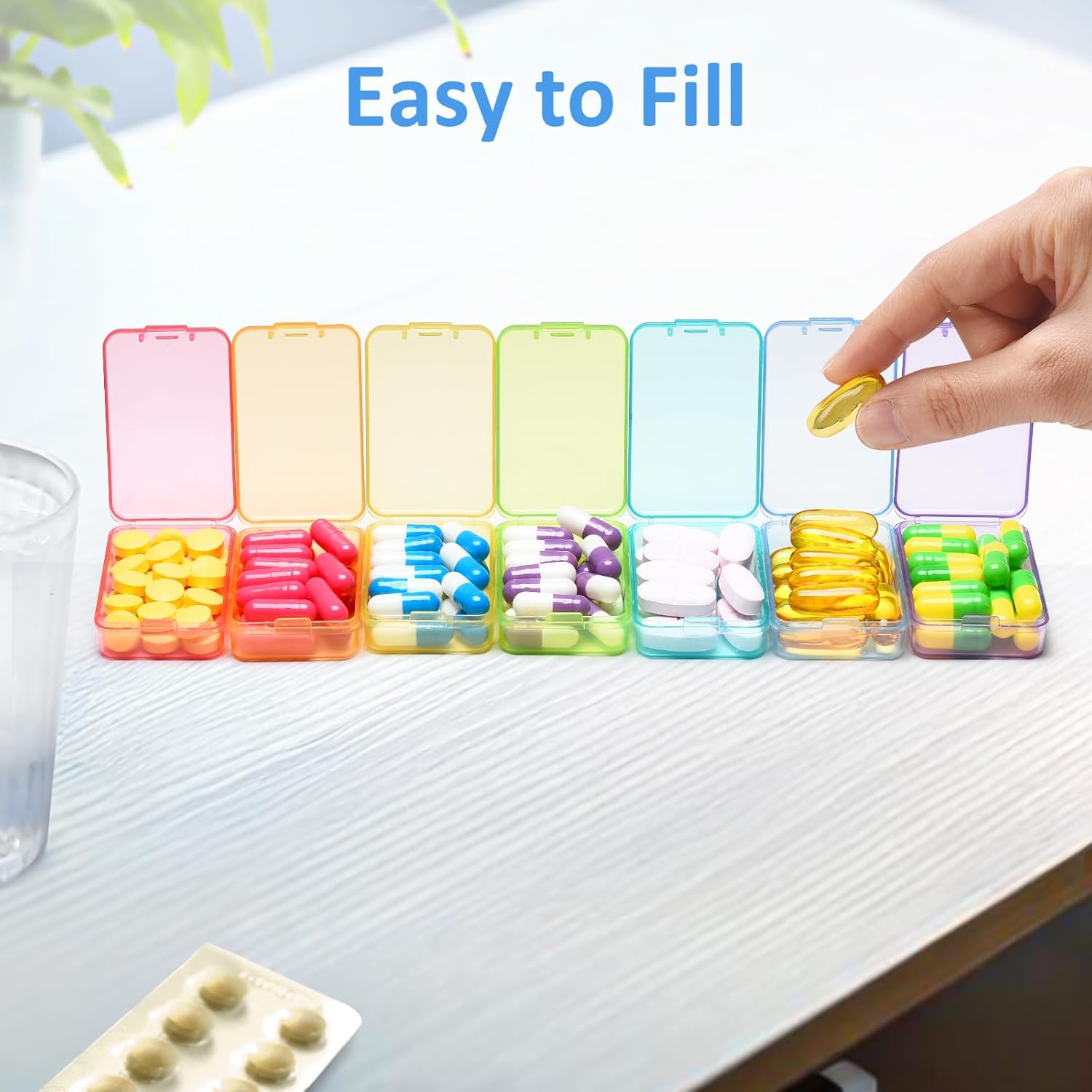 Fullicon Small Pill Case for Purse, Travel Medicine Pill Organizer, Weekly 7 Day Daily Pill Box, Pocket Pharmacy Pill Container Dispenser Holder with Labels (Clear Rainbow)