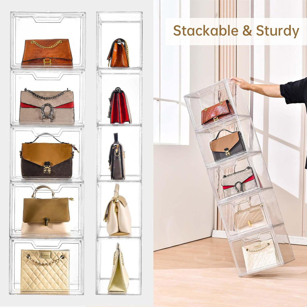 3 Pack Clear Storage Bins with Lids, Storage Containers with Magnetic Door, Stackable Acrylic Display Case for Handbags, Cosmetic, Multifunctional Storage Boxes for Dorm, Living Room, Bedroom Storage