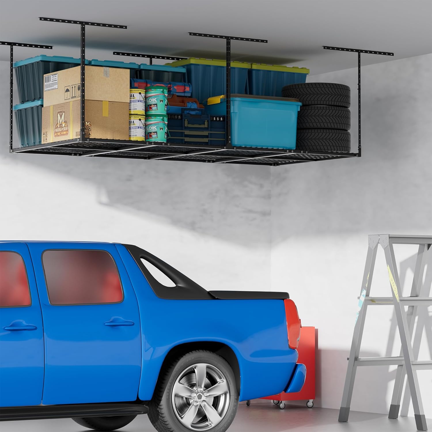 Overhead Garage Storage Rack, 3x8 FT Heavy-Duty & Height-Adjustable Design,600LB Rated for Home and Workshop Organization