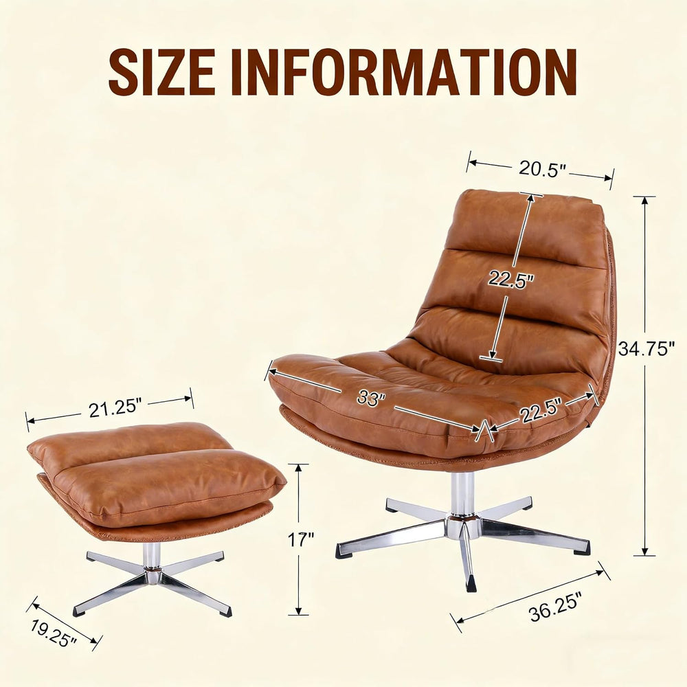 HNY Brown Swivel Lounge Chair with Ottoman Modern PU Leather Accent Chair wit...
