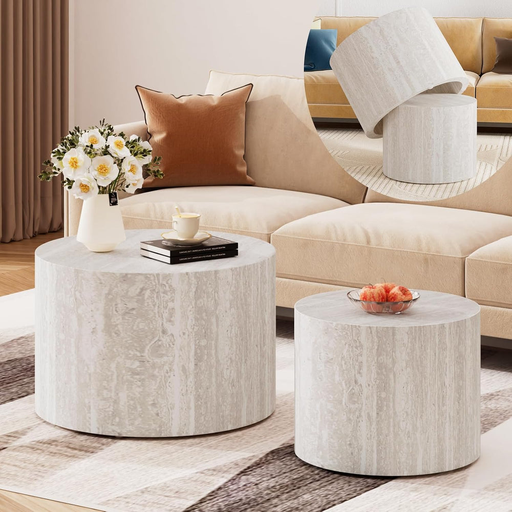 Modern Nesting Coffee Table Set of 2, Round Travertine End Side Tables | Cont...