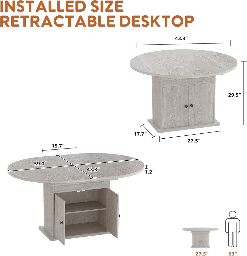 43.3in-59in Extendable Round Dining Table for 4-8, Modern Expandable Kitchen ...