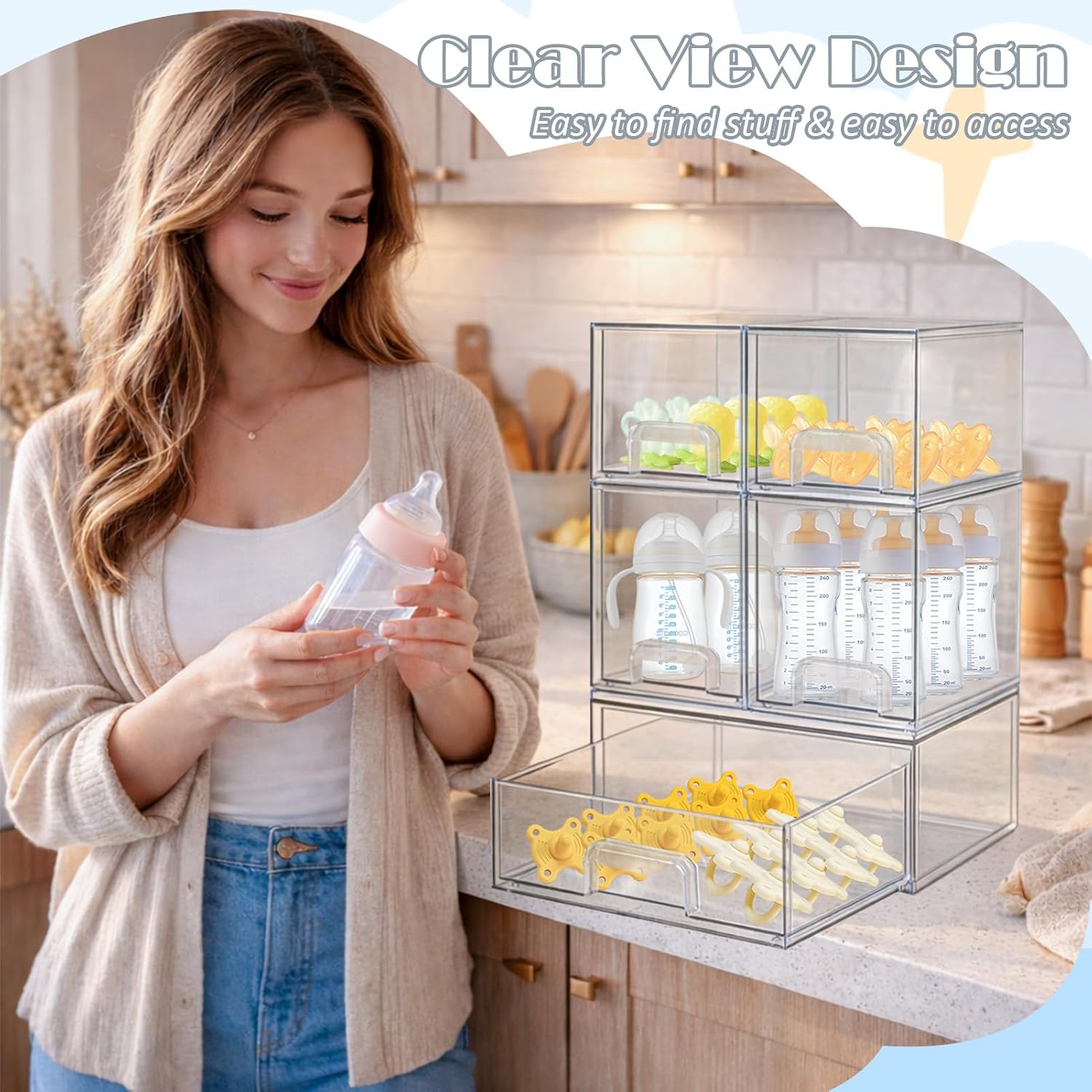 Baby Bottle Organizer with Hooks - 5 Pack Stackable Storage Drawer | Baby Bottle Organizers and Storage, Clear Acrylic Multipurpose Bottle Storage for Countertop