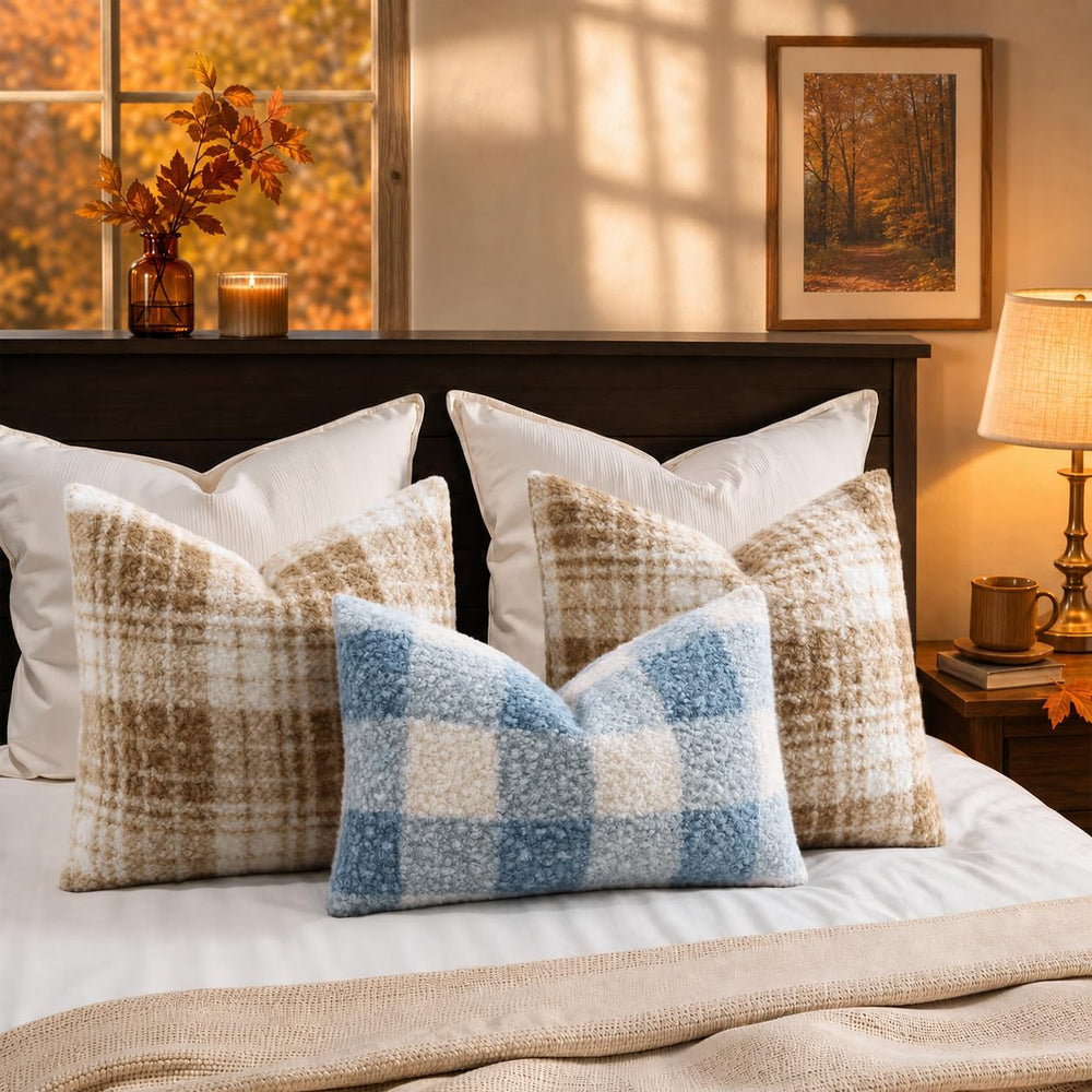 decorUhome Faux Fur Plaid Throw Pillow Covers 24X24 Set of 2 Dusty Blue
