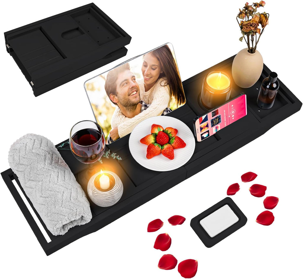 Foldable Bathtub Caddy Tray, Bamboo Bath Tub Tray Table for Tub with Wine Glass Holder Book Phone Tablet Holder with Extending Sides, Adjustable Bathroom Bathtub Free Soap Holder Gift Idea (Black)
