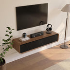 POVISON Fully-Assembled Minimalist Floating TV Stand, Modern Wall-Mounted Entertainment Center with 2 Flip-Down Cabinet Doors, Solid Wood Media Console, Walnut & Black, 47.24"