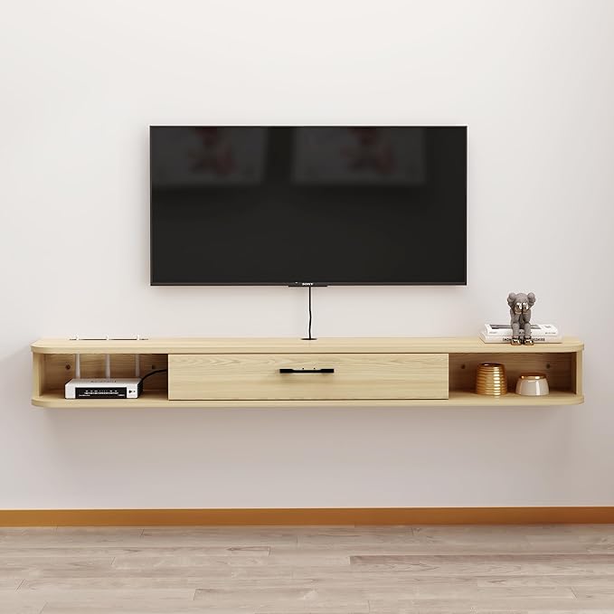 Floating TV Unit, 55'' Wall Mounted TV Cabinet, Floating Shelves with Door, Modern Entertainment Media Console Center Large Storage TV Bench for Living Room & Office (55.12IN, Light Oak)