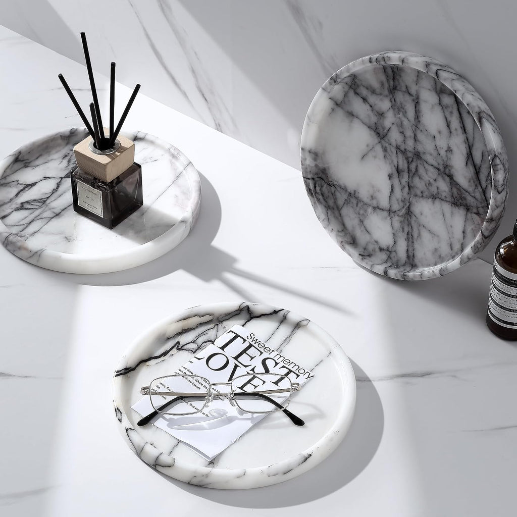 Lilac Marble Round Tray - 8 Inch Bathroom & Vanity Organizer for Jewelry, Perfume, Watches, Coasters | Makeup, Dining Table, Coffee Table Decorative Holder