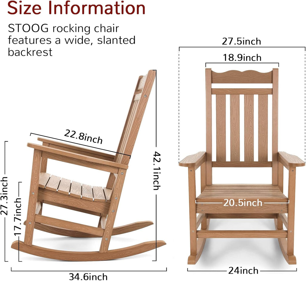 Stoog Patio Rocking Chairs Set of 2, All-Weather Outdoor & Indoor Porch Rocker with 400 lbs Weight Capacity, Front Porch Rocker Chairs Looks Like Real Wood, Teak