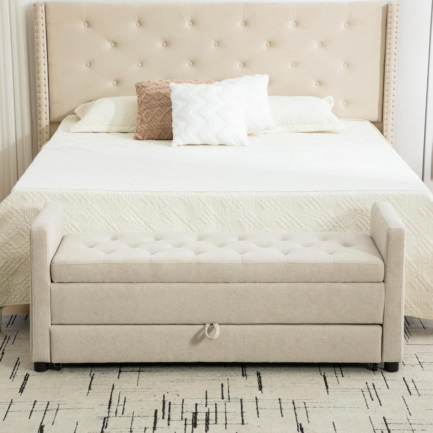 58.3" 2-Tier Storage Bench Upholstered with Drawer, Griege. | End of Bed Bench, 2-Tier Storage King Size Bench Upholstered for Bedroom, Cloakroom, Entryway, Hallway, Window.