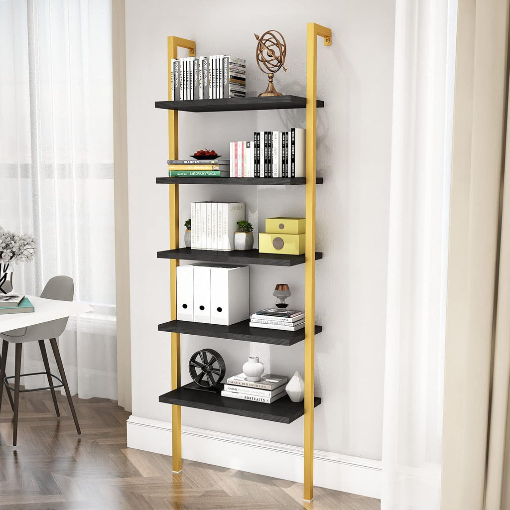 5-Tier Ladder Shelf, Industrial Wall Mounted Bookshelf, Narrow Ladder Bookcase with Wood Board and Metal Frame, Open Display Shelf for Living Room, Bedroom, Office, Black and Gold