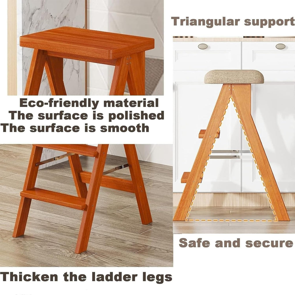 Portable Wooden Folding Library Ladder Chair Stool with Flower Shelf for Adults Lightweight Walnut Finish(White,Without pad)