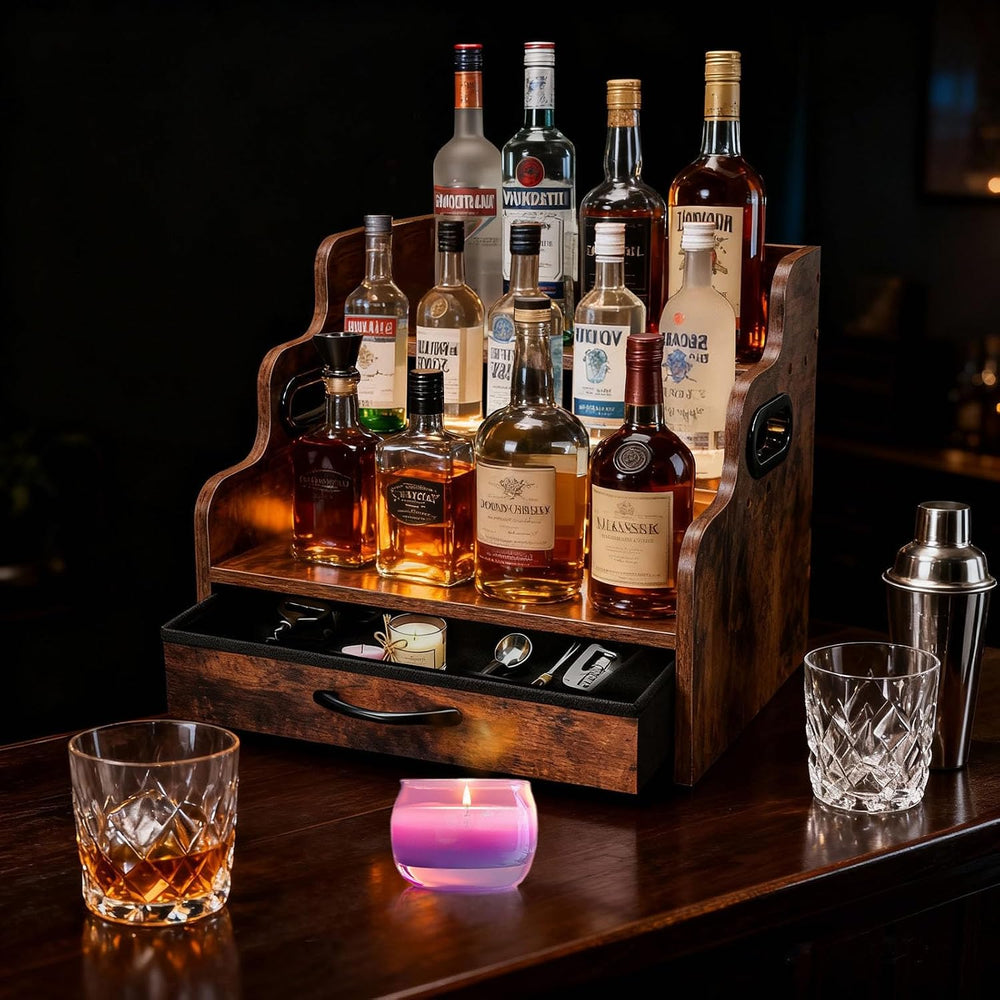 Liquor Bottle Display Shelf 3 Floors with Drawers | Countertop Wine Rack, Acc...