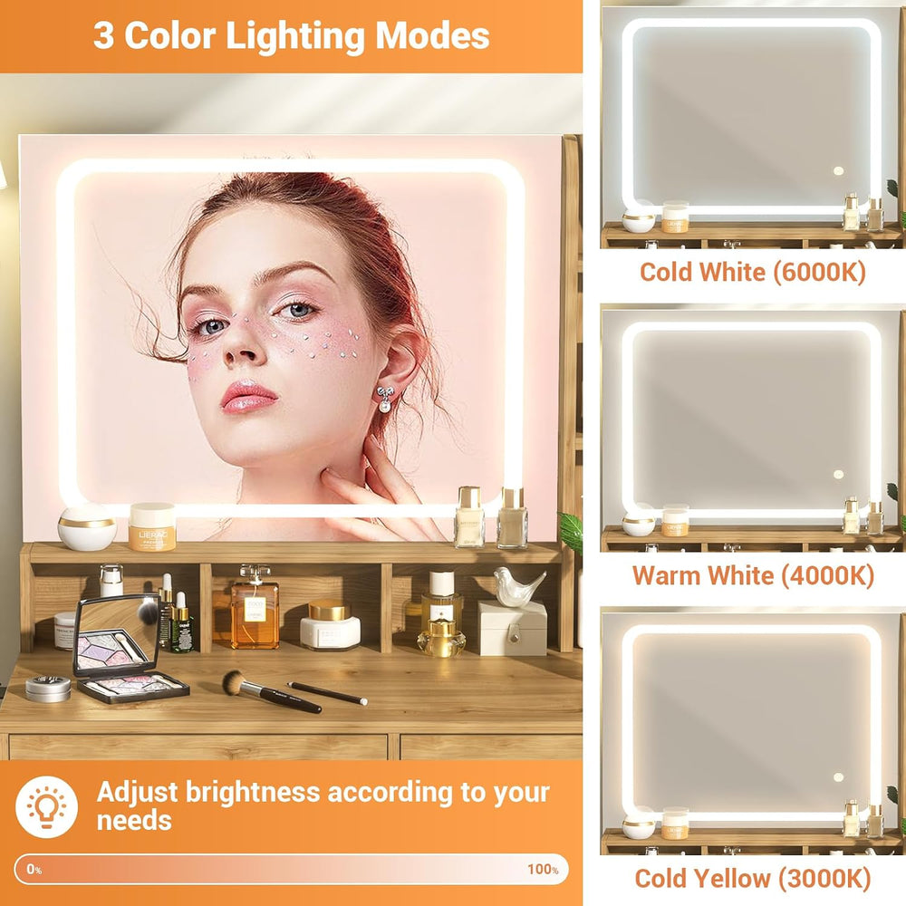 Small Vanity Desk, Vanity Desk with Mirror and Lights, Makeup Vanity Desks wi...